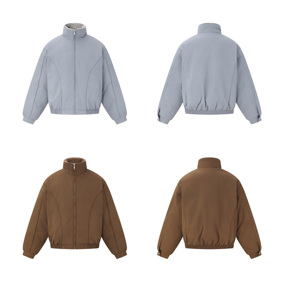 Front and back views of a high-collar jacket in light gray and brown.