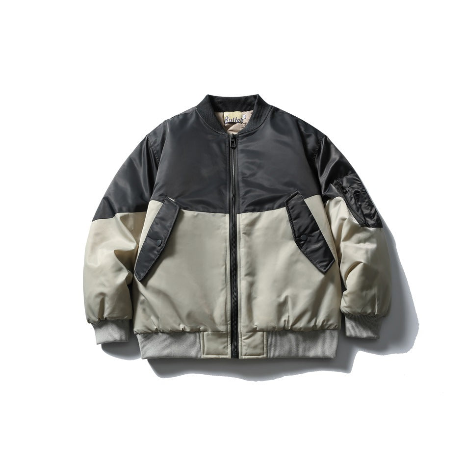 Khaki-green and charcoal gray color-block bomber jacket with ribbed trim, front zipper and snap-flap pockets