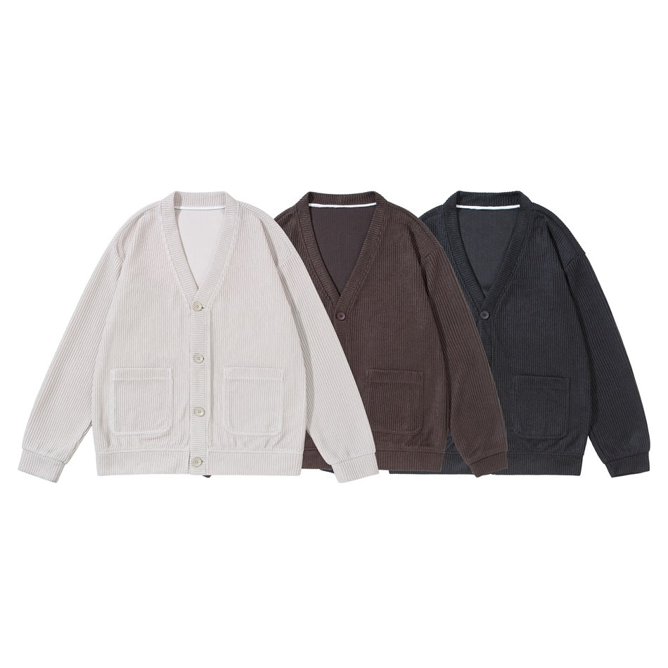 Three front views of ribbed V-neck button cardigans with two patch pockets, in beige, brown and black.