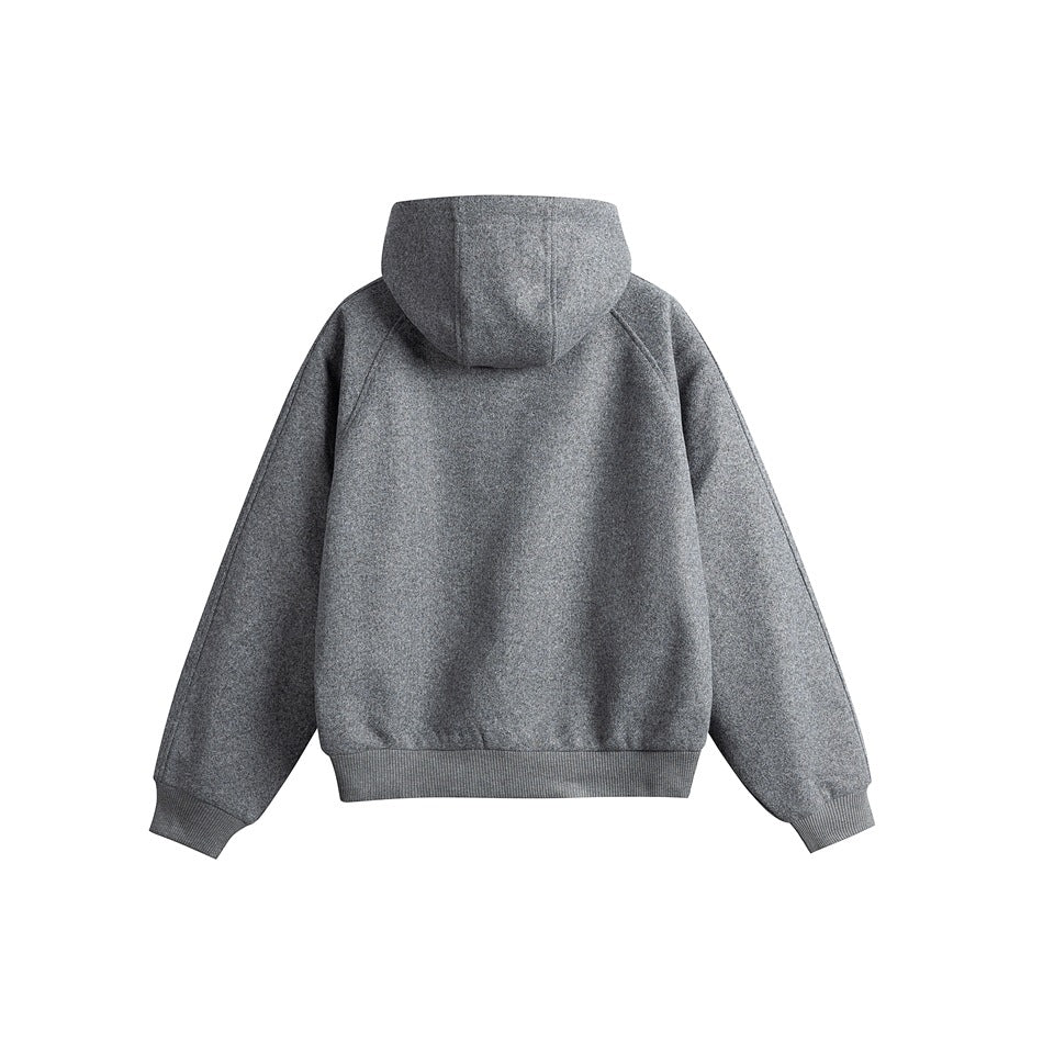 Back view of a gray hooded jacket with raglan sleeves and ribbed cuffs and hem.