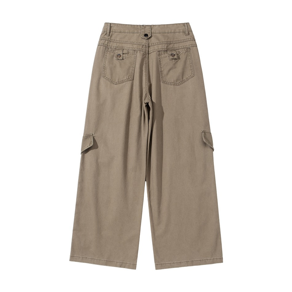 Back view of taupe wide-leg cargo pants with two buttoned pockets and side flap pockets.