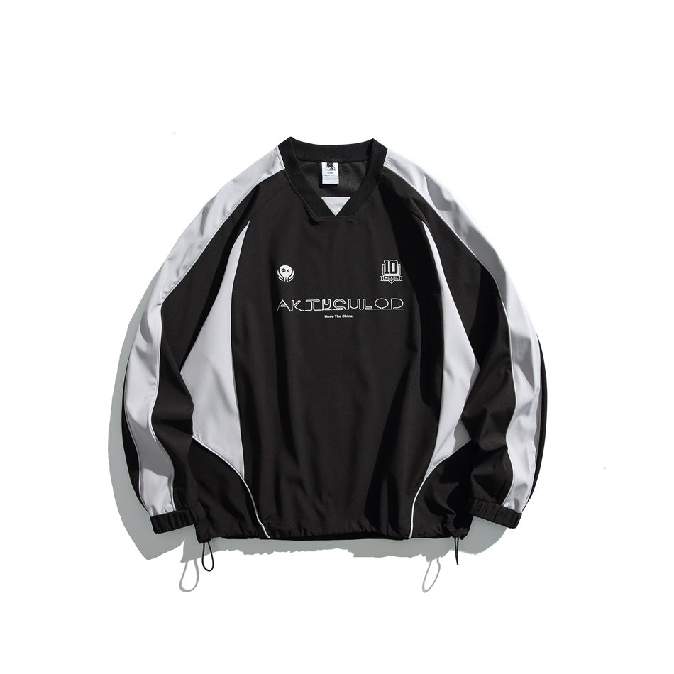 Black pullover shown from the front, with white sleeve and side panels, chest graphics, and an adjustable drawcord hem.