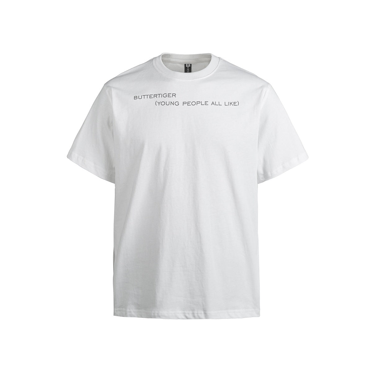 White short-sleeve crew-neck T-shirt, front view, with small gray text print across the upper chest