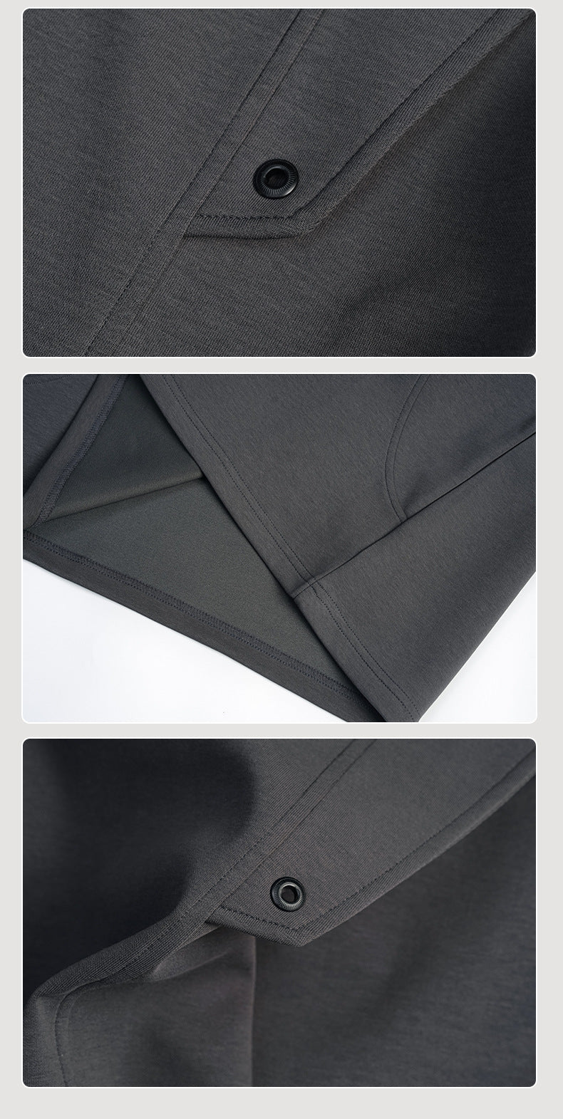 Close-up collage of a charcoal gray shirt showing a snap fastener, stitching, and inside seams.