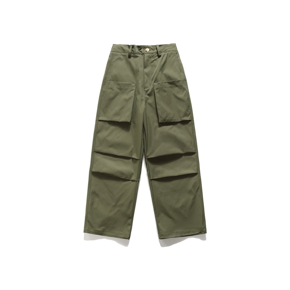 Army green wide-leg cargo pants flat lay, front view with large flap pockets and knee pleats