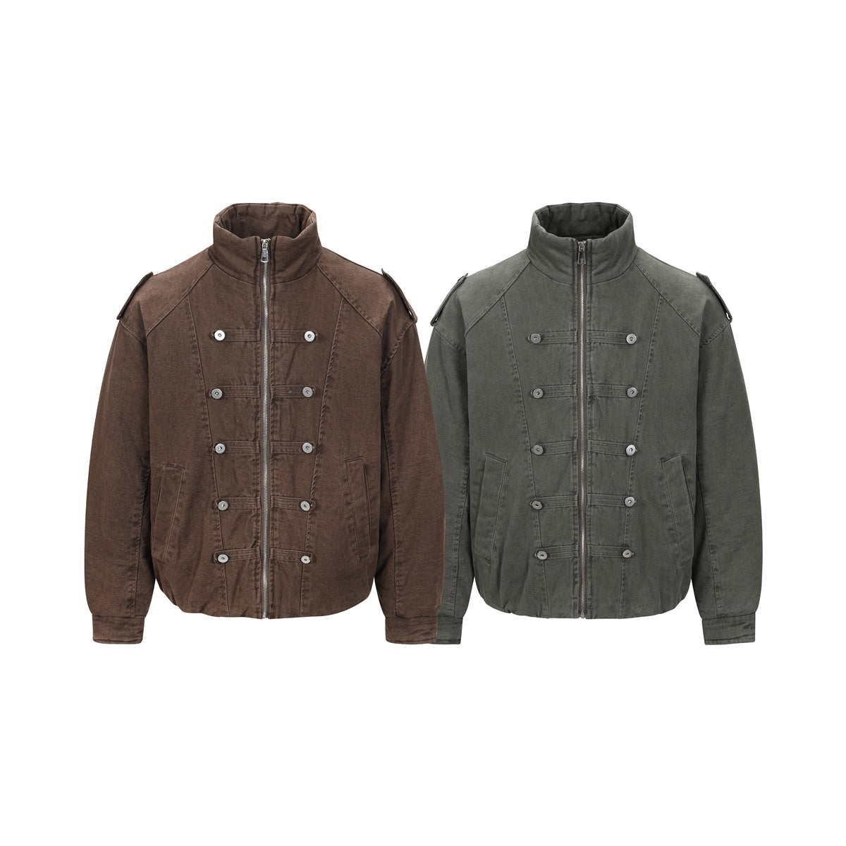 Front views of two high-collar zip jackets, one brown and one charcoal gray, with buttoned chest straps.