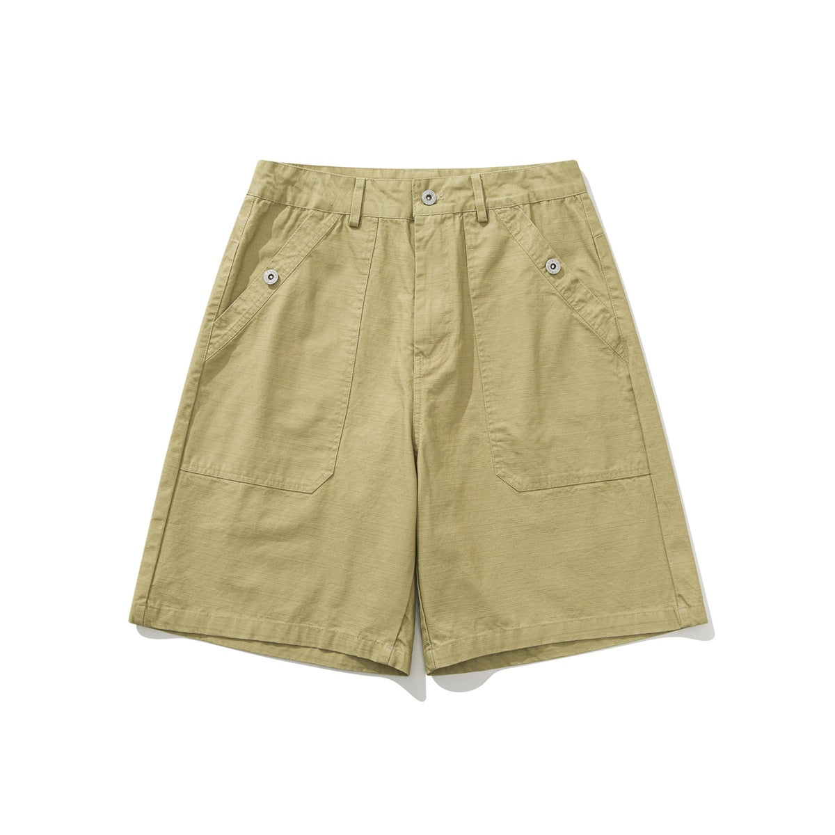 Khaki knee-length utility shorts, flat front view with large patch pockets and metal snap buttons
