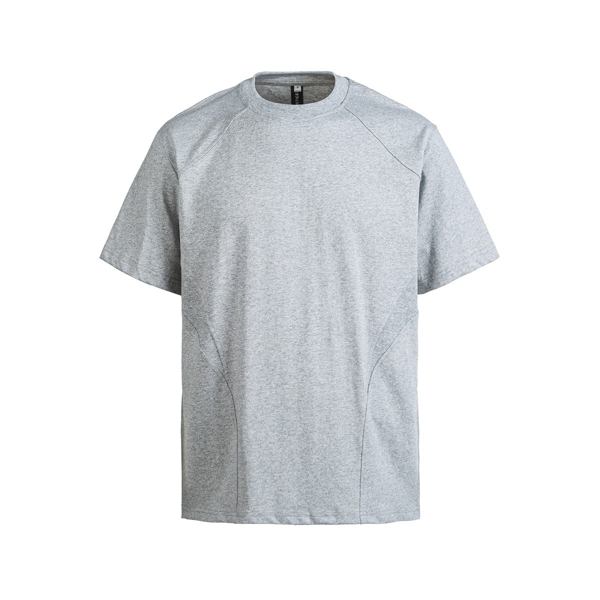 Heather gray short-sleeve crew-neck T-shirt, front view, with raglan-style seams and curved side seams