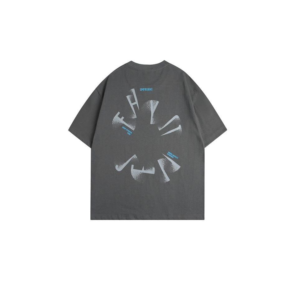 Charcoal gray short-sleeve T-shirt shown from the back, with a large distressed light-gray graphic and small blue lettering.