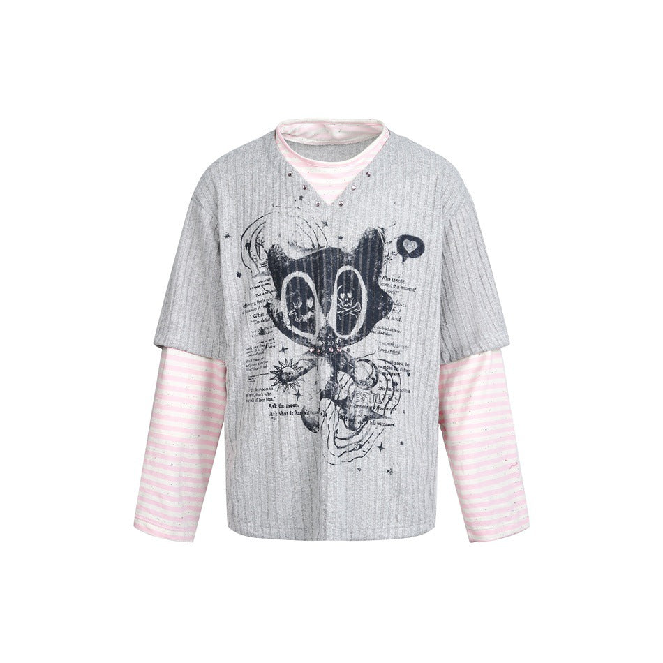 Gray ribbed faux two-piece top with cat graphic, V-neck studs and pink-white striped sleeves, flat front view