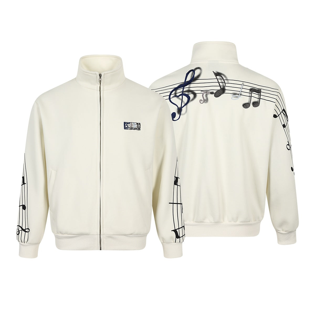 Ivory zip-front jacket shown from front and back, with musical-note graphics on the sleeves and upper back.