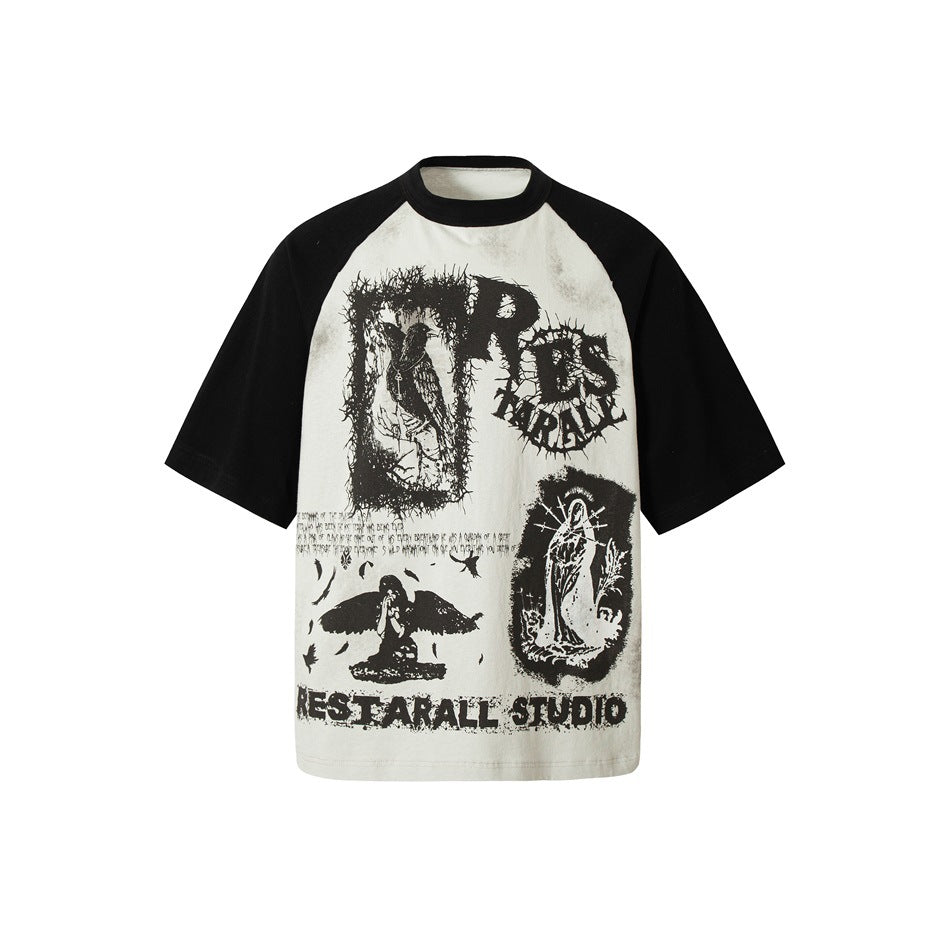 Front view of an off-white raglan T-shirt with black sleeves and large distressed black graphic prints.
