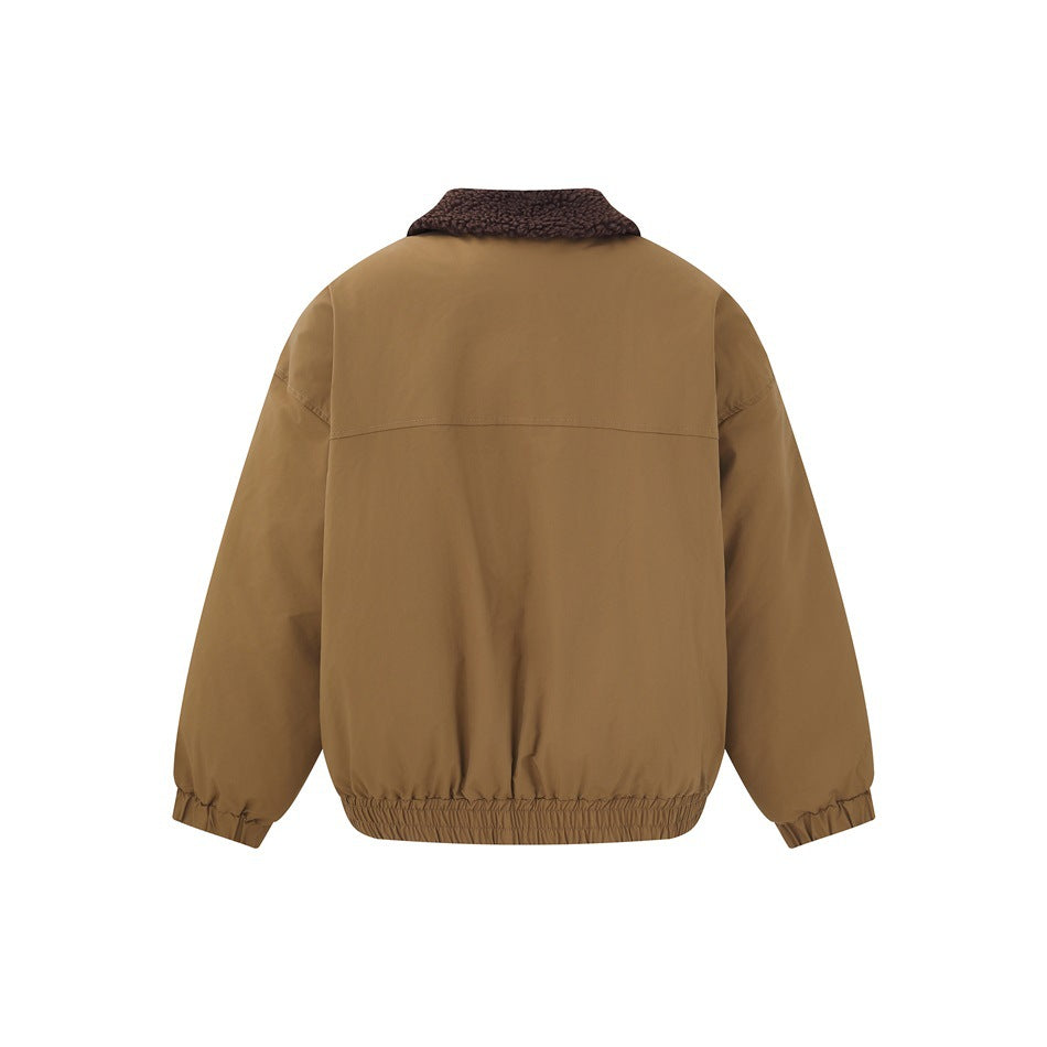 Back view of a tan-brown jacket with a dark brown textured collar and elasticated cuffs and hem.