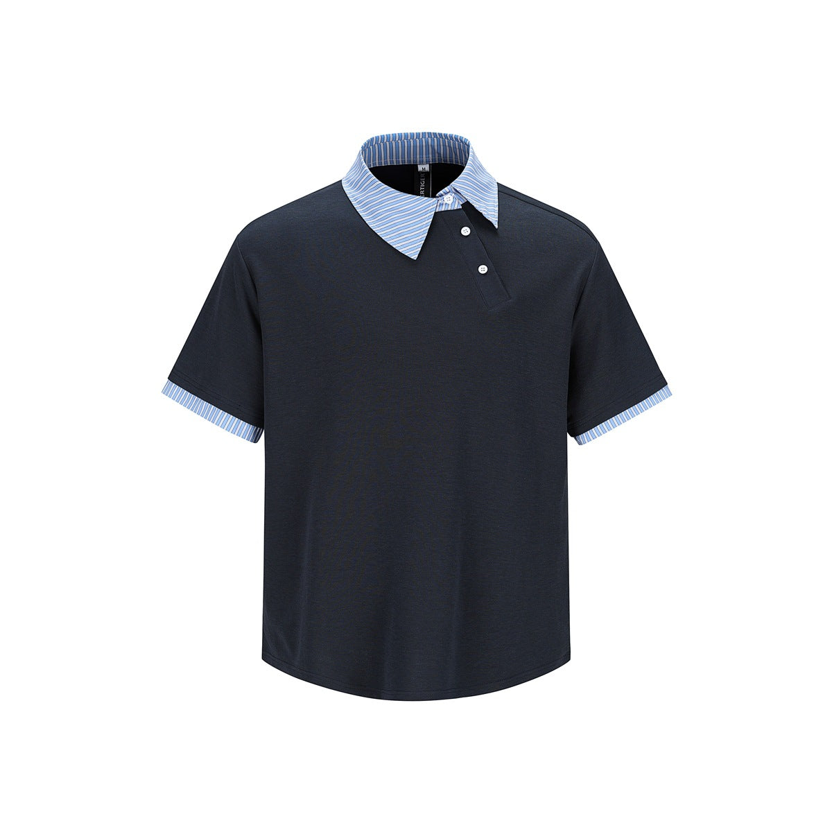 Navy blue short-sleeve polo top with asymmetric blue striped collar, two buttons and striped cuffs, front view