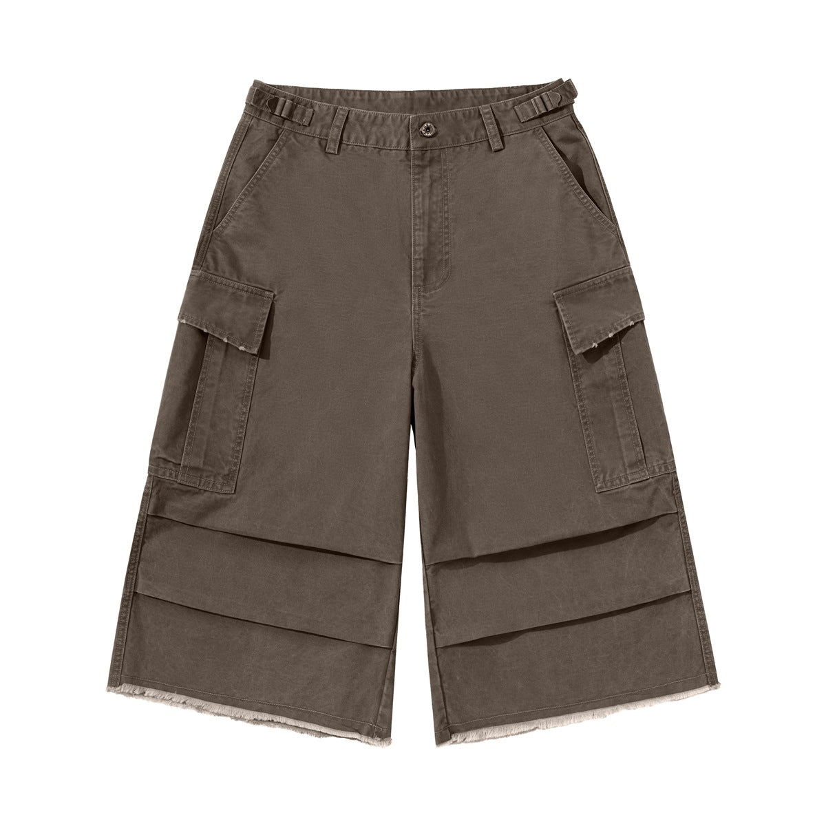 Brown wide-leg cargo shorts with flap pockets, lower-leg pleats and a frayed hem, flat front view