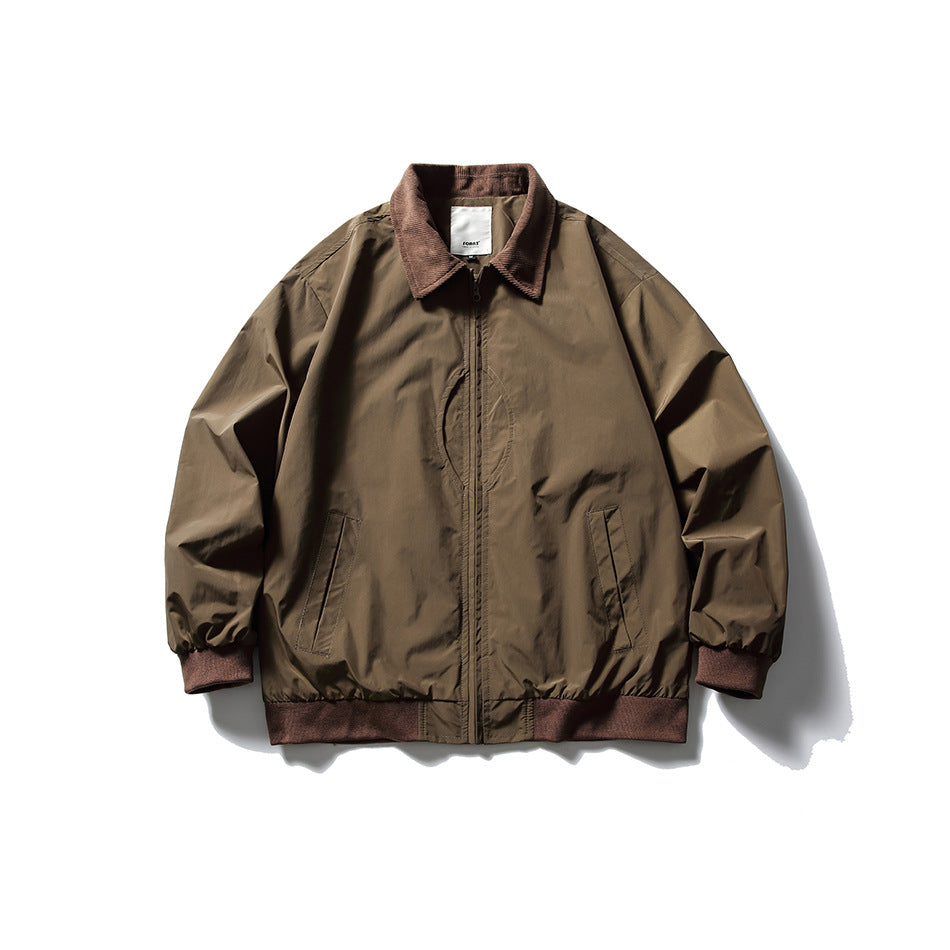 Brown zip-front jacket with brown textured collar, ribbed cuffs and hem, and front welt pockets, flat lay