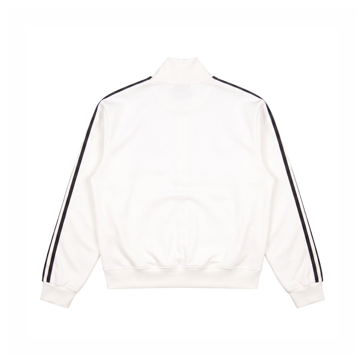 Back view of a white zip-up track jacket with slim black sleeve stripes, a stand collar, and ribbed cuffs and hem.