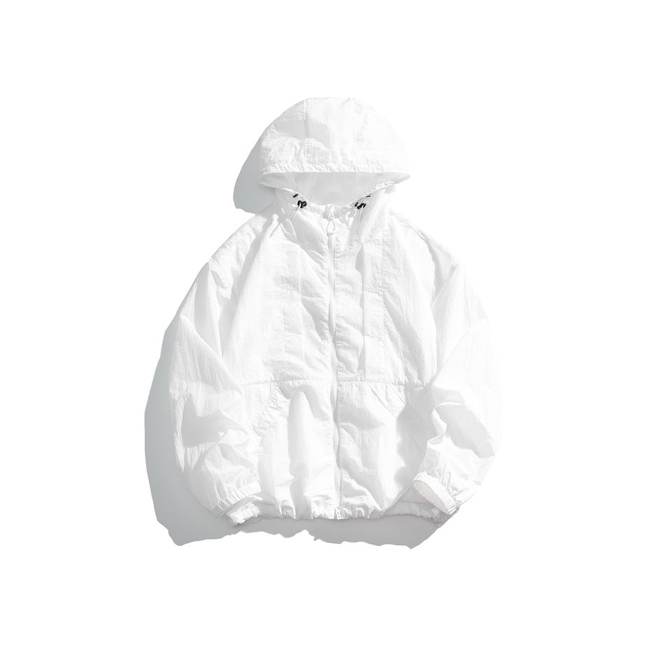 Front view of a white hooded jacket with a covered zipper, drawcords, and elastic cuffs, laid flat on white.