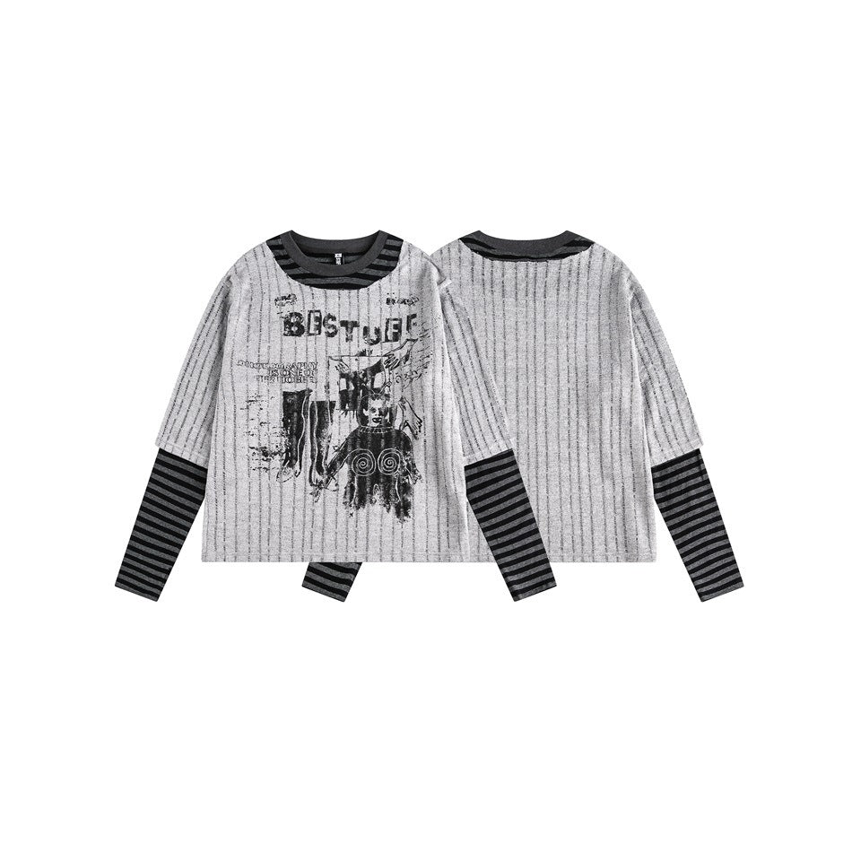 Gray pinstriped graphic top shown from the front and back, with a dark striped neckline and long striped sleeves.