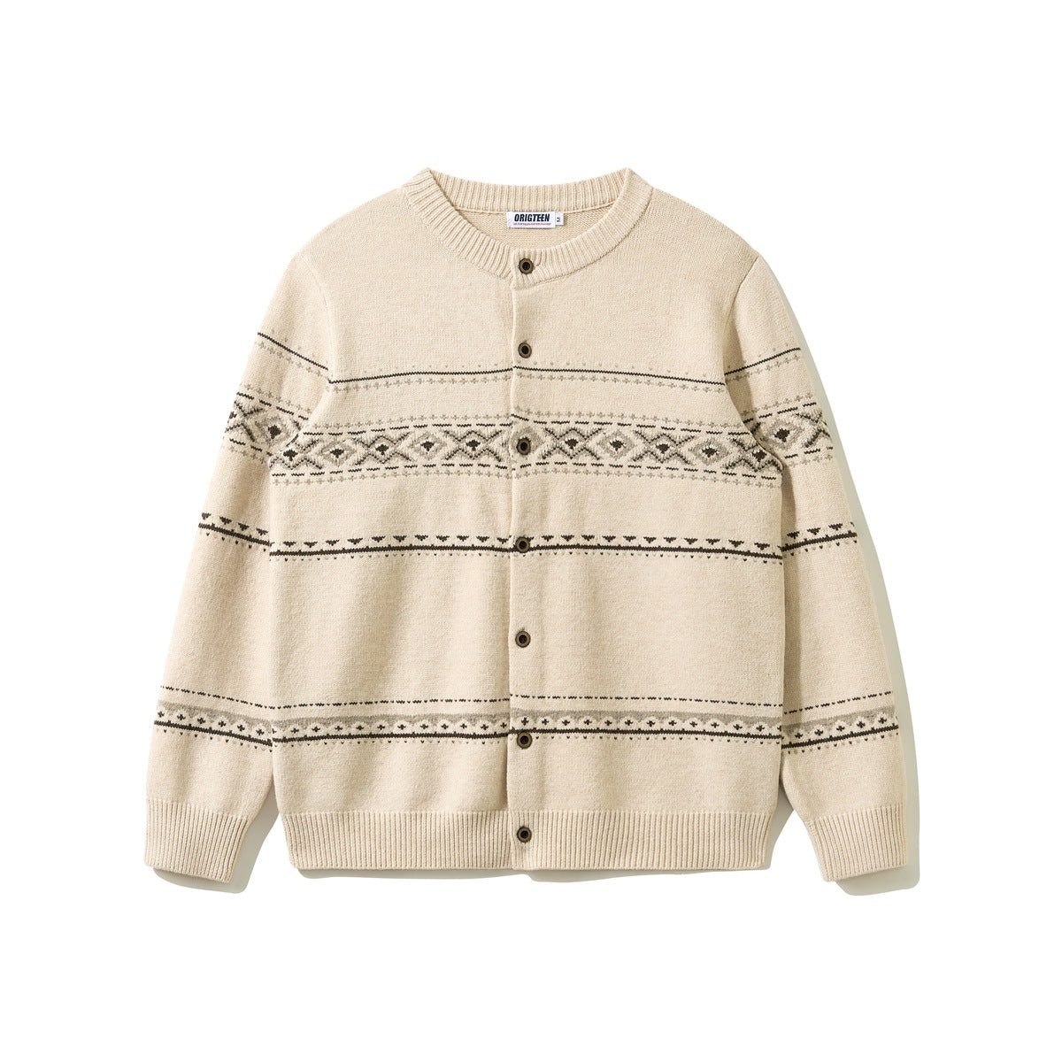 Beige button-front knit cardigan with brown and gray geometric jacquard bands, ribbed crew neck, cuffs and hem, flat lay