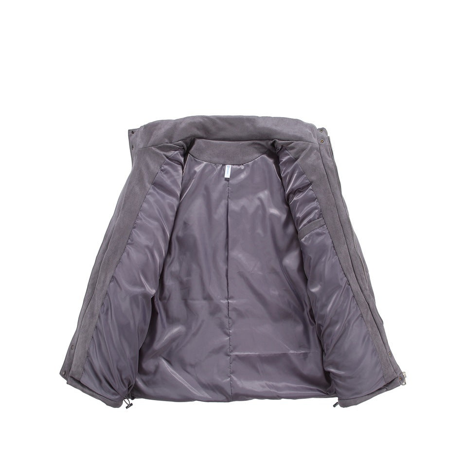 Gray jacket opened to show its smooth matching lining, inner pocket, and front closure.