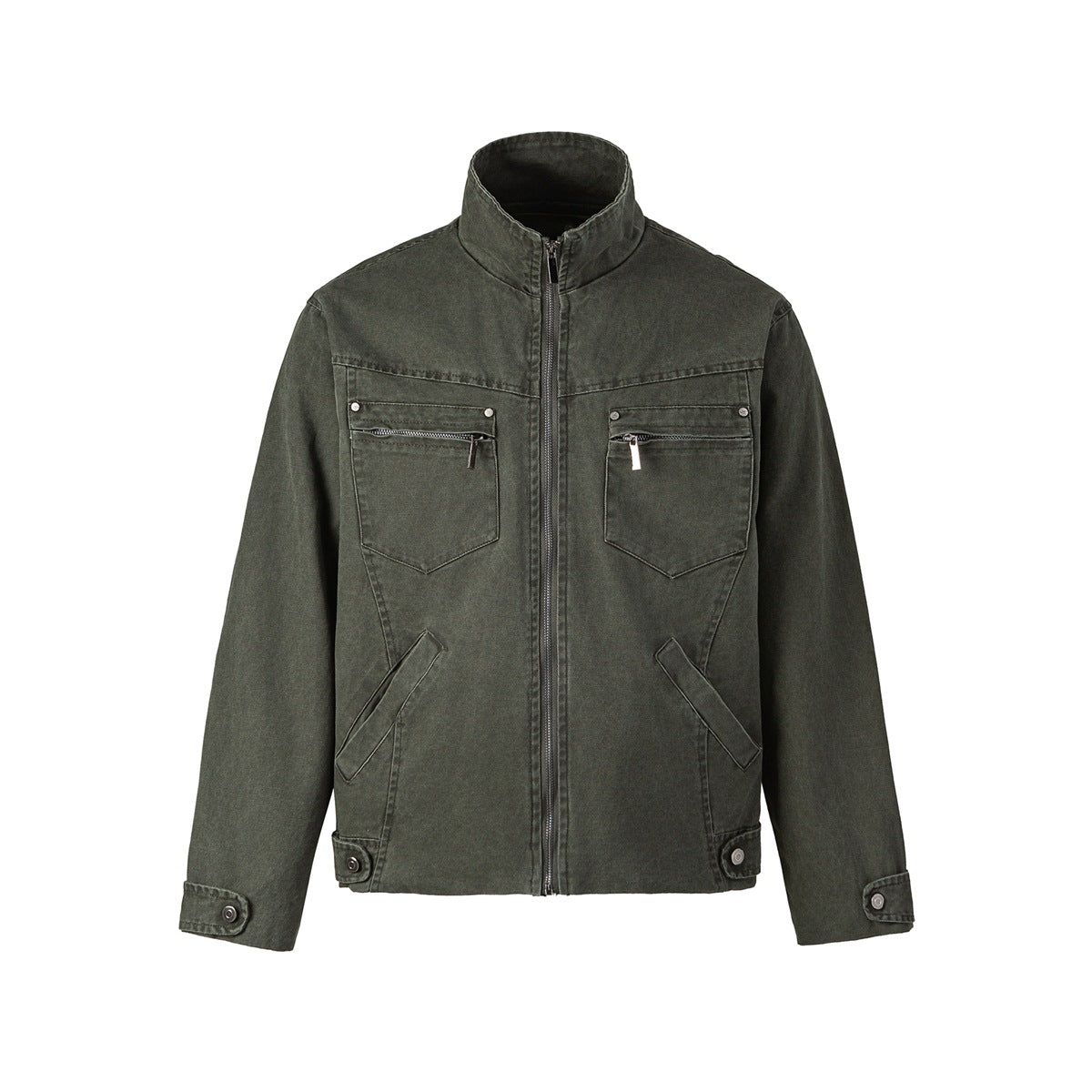 Washed green zip-front jacket with stand collar, zippered chest pockets and button-tab hems, front view