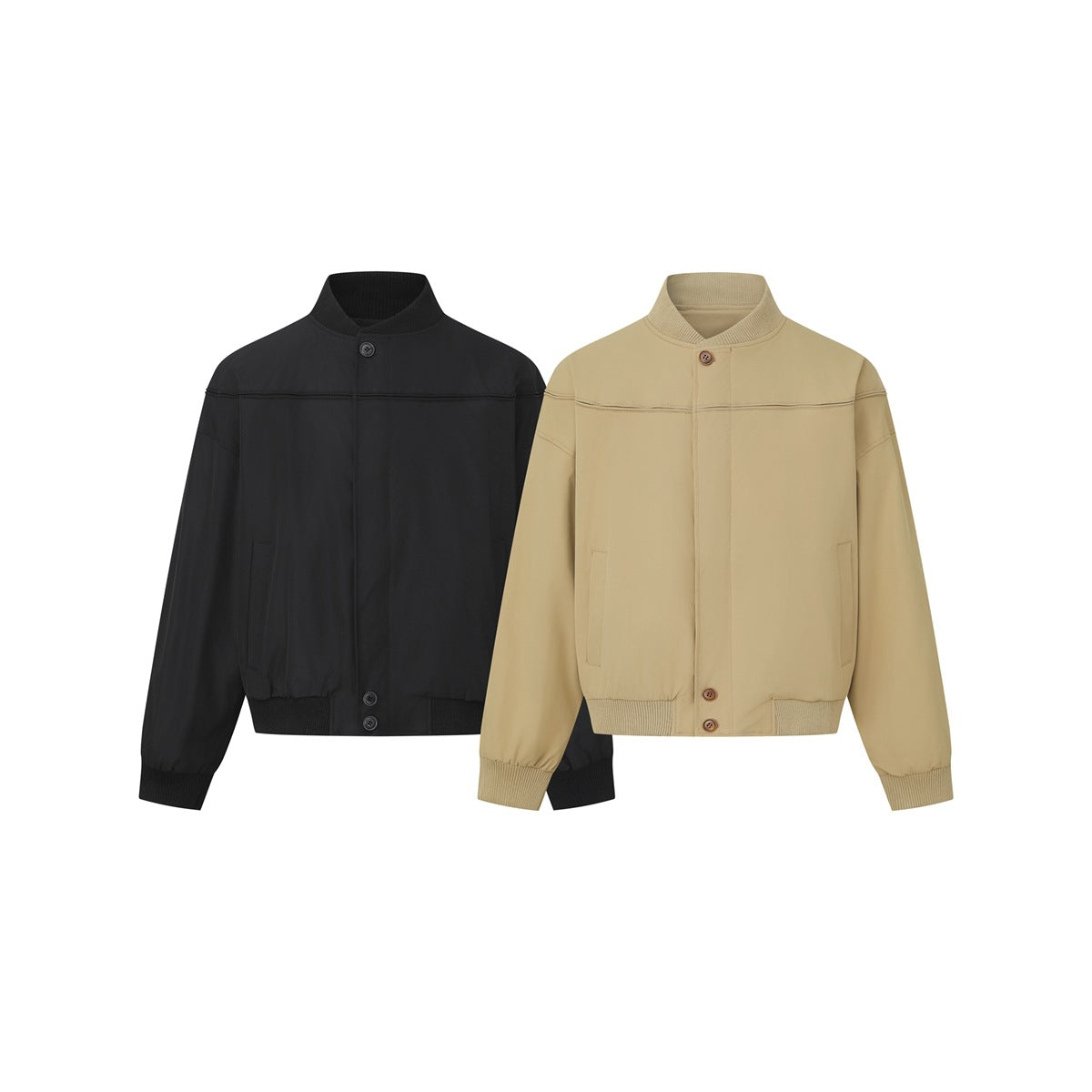 Front views of two button-front jackets with ribbed collars, cuffs, and hems, in black and tan.