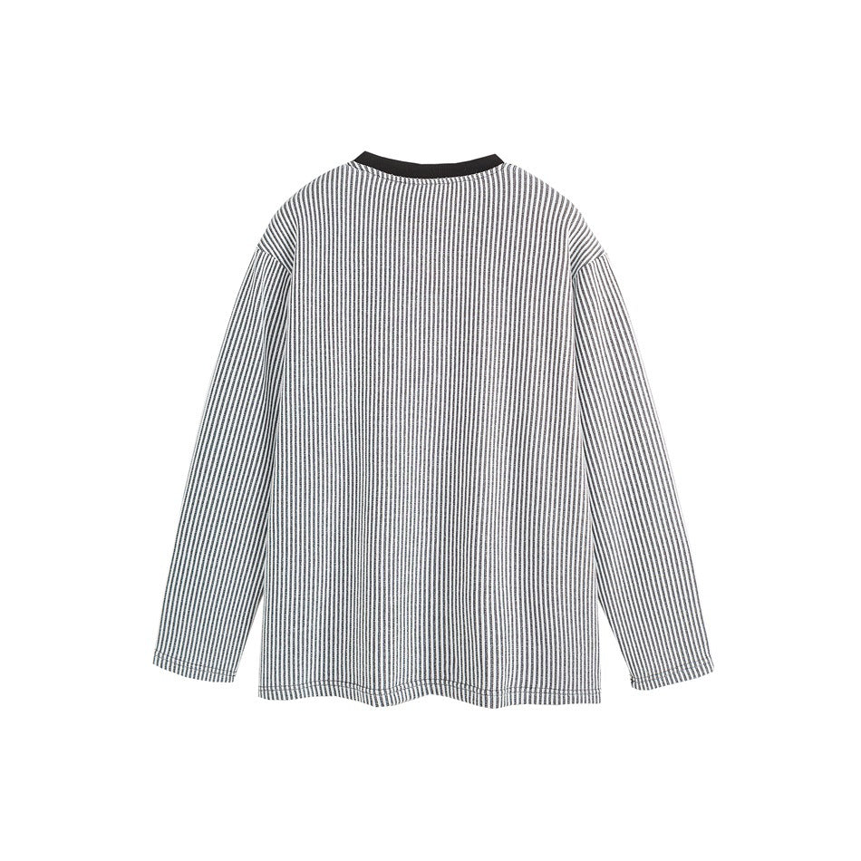 Back view of a white long-sleeve crewneck shirt with narrow black vertical stripes and a black collar.