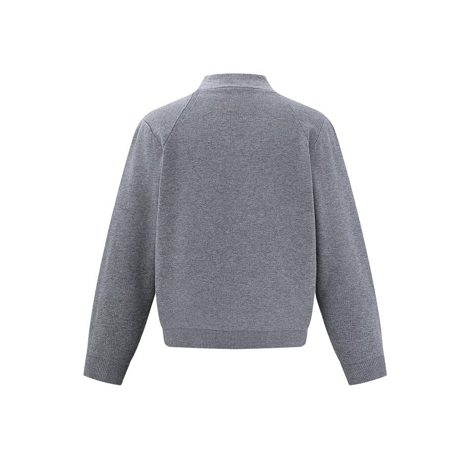 Back view of a gray knit zip-up jacket with a stand collar, long sleeves, and ribbed cuffs and hem.