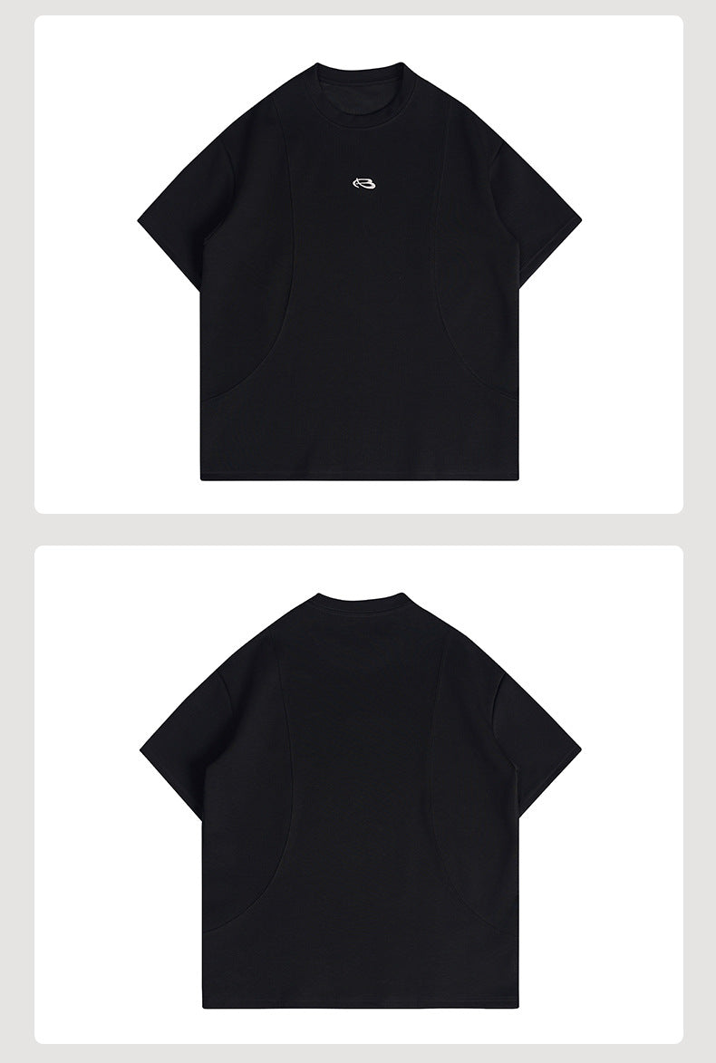 Front and back views of a black short-sleeve crew-neck T-shirt with a small chest emblem.