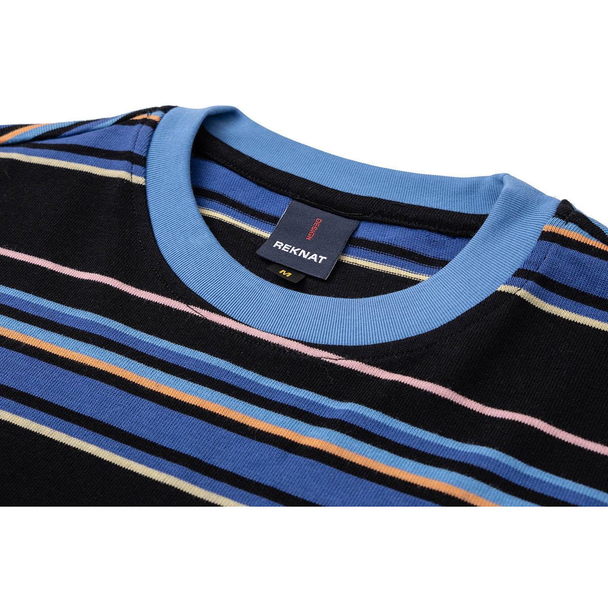 Close-up of a black striped T-shirt with a blue ribbed crew neck and visible interior labels.
