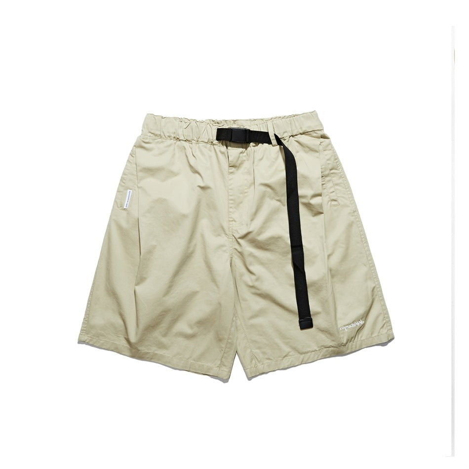 Beige knee-length shorts with elastic waist, black webbing belt and buckle, front view on white background