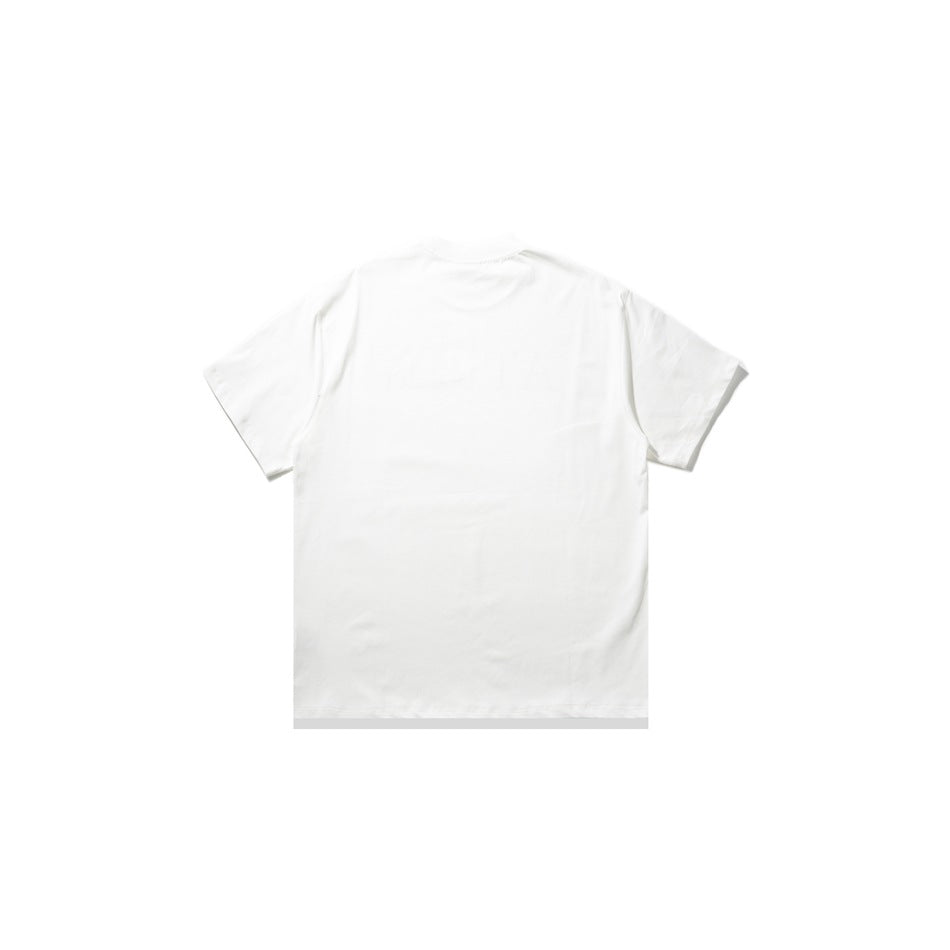 Back view of a plain white short-sleeve crew-neck T-shirt on a bright white background.