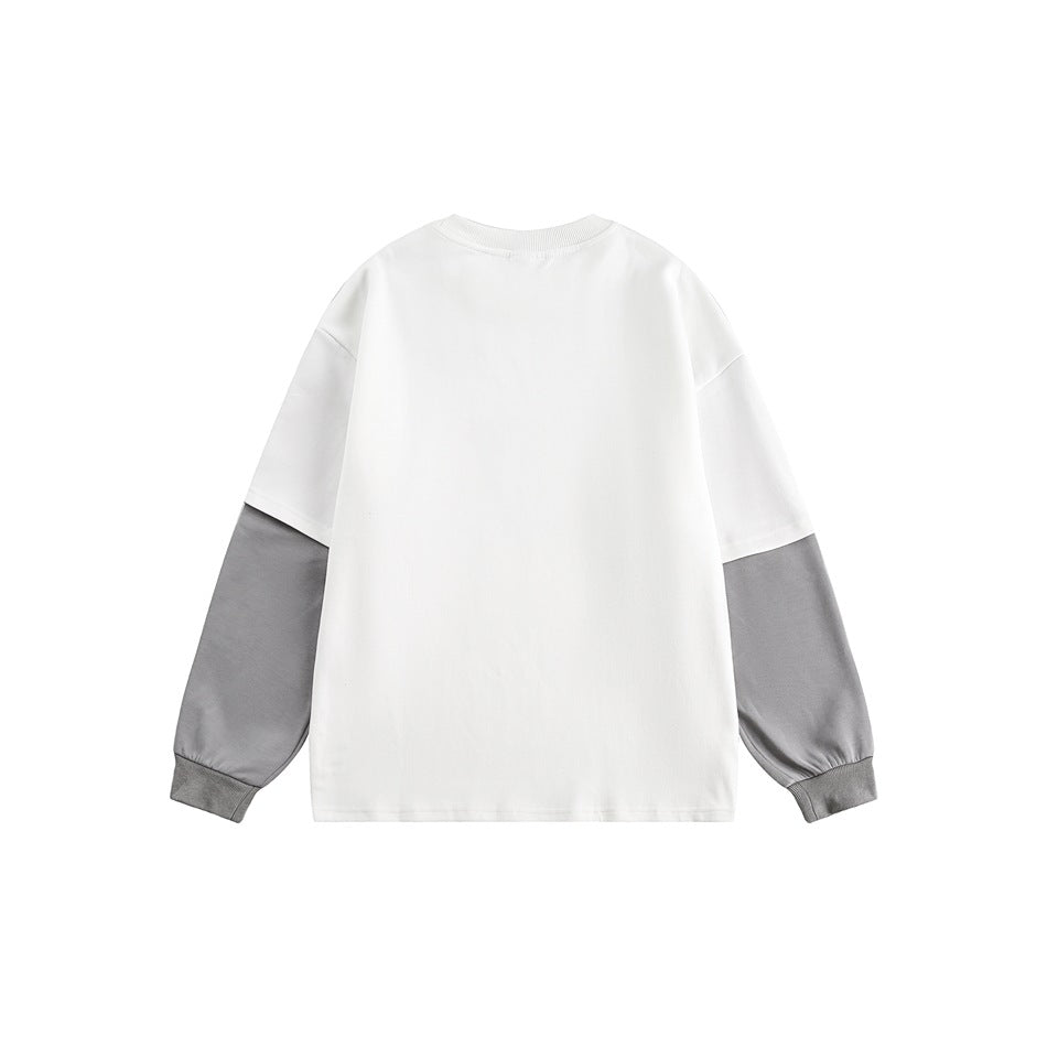 Back view of a white sweatshirt with gray contrasting sleeves and ribbed cuffs.