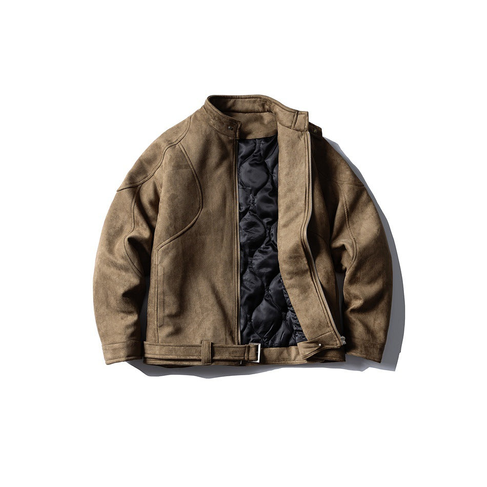 Brown suede-look jacket unzipped to show black quilted lining, flat view