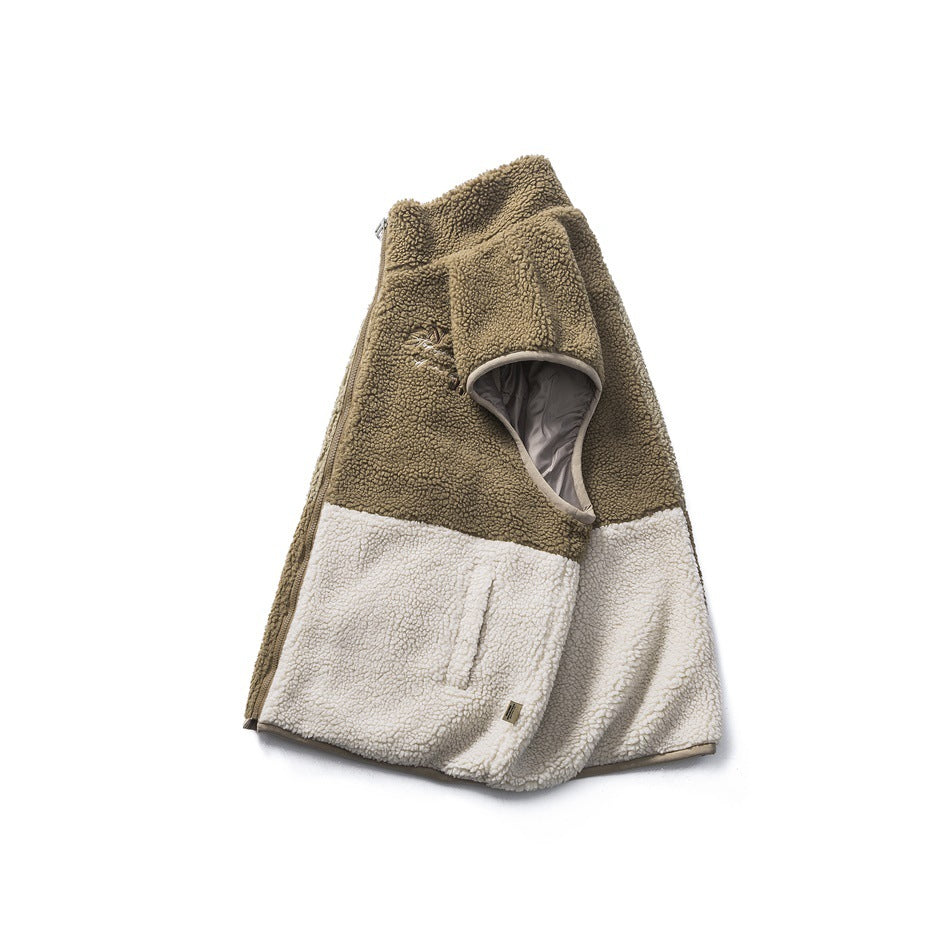 Khaki and cream color-blocked sleeveless fleece vest with a front zipper and large lower pockets, folded on white.