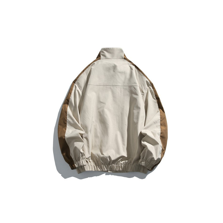 Back view of khaki and brown stand-collar jacket with yoke seam and elastic hem