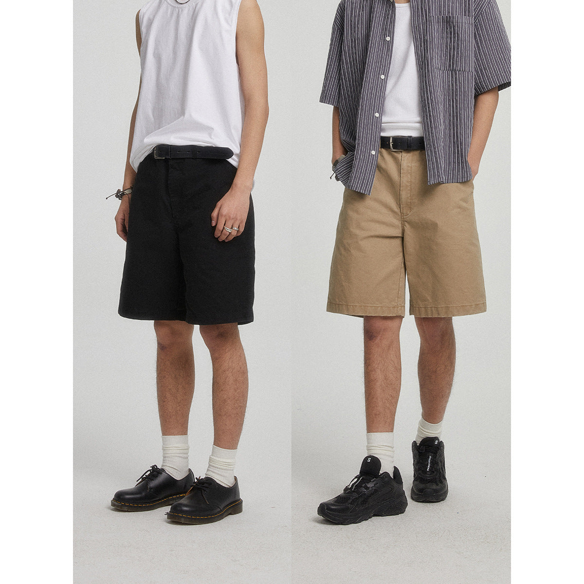 Two cropped model views show the shorts in black and tan, styled with casual tops and shoes.