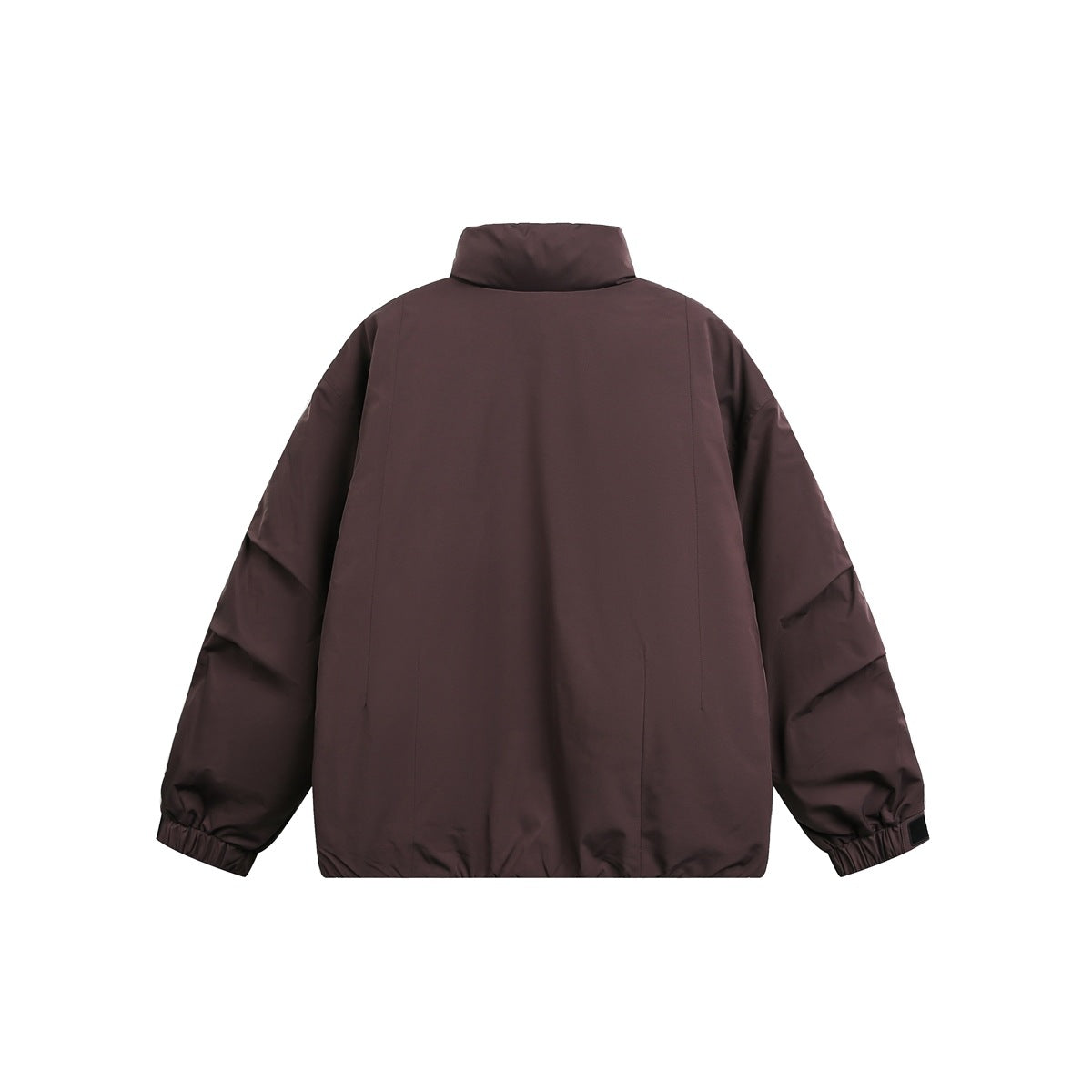 Back view of a dark plum-brown jacket with a raised collar, long sleeves, elastic cuffs, and a gathered hem.