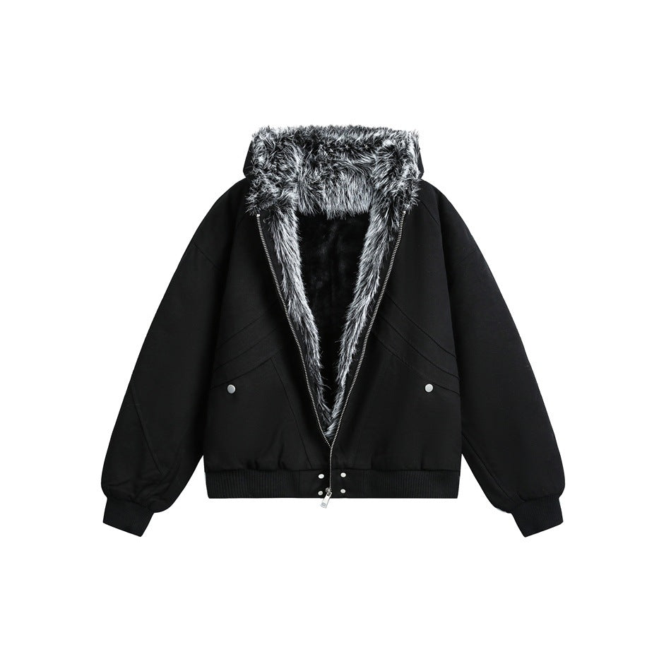 Front view of a black hooded jacket with gray faux-fur lining, zip closure, snap details, and ribbed cuffs and hem.