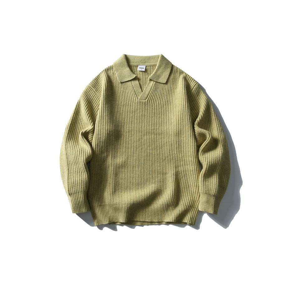 Olive yellow ribbed knit pullover sweater with polo-style collar and V-neck opening, flat lay