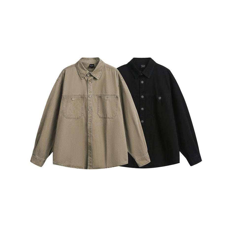 Two long-sleeve button-up shirts shown from the front: one tan and one black, each with a pointed collar and two chest