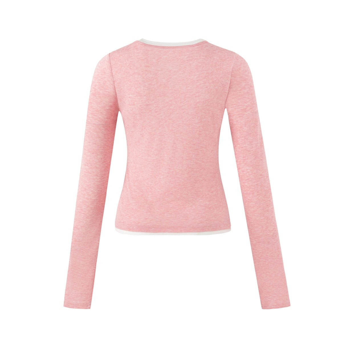 Back view of a long-sleeve pink top with a plain body and narrow white trim at the neckline and hem.