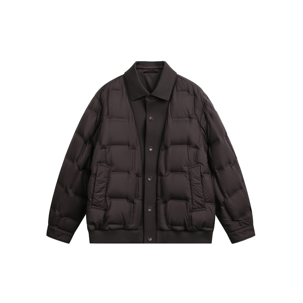 Brown quilted jacket with ribbed knit collar, snap-button placket, front pockets and ribbed hem, flat front view