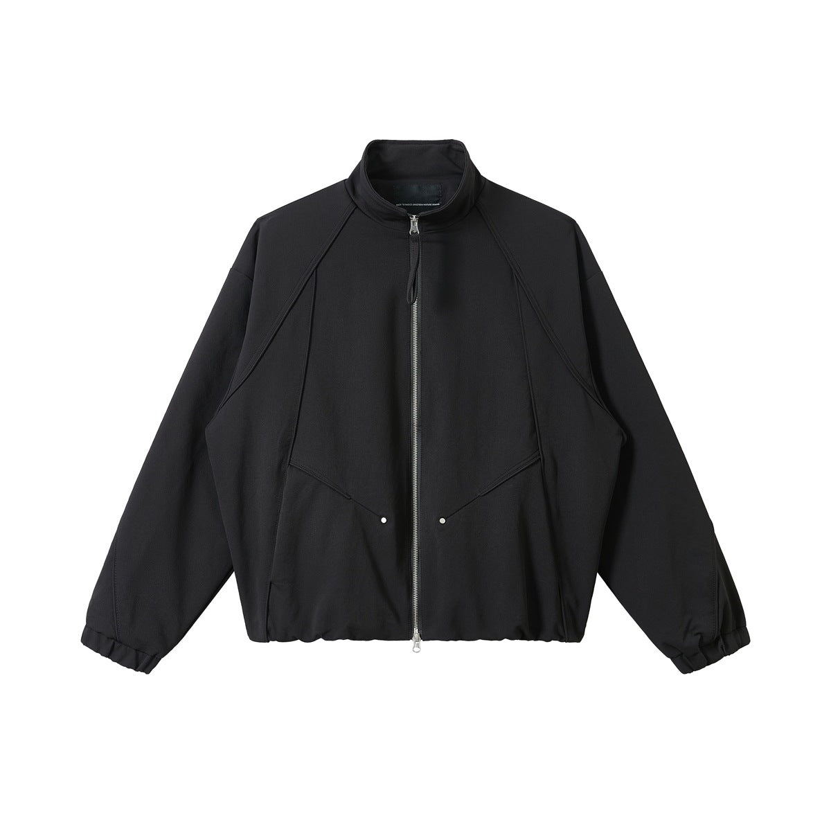 Black stand-collar zip jacket with raglan seams, angled front pockets, snap studs and elastic cuffs, flat lay