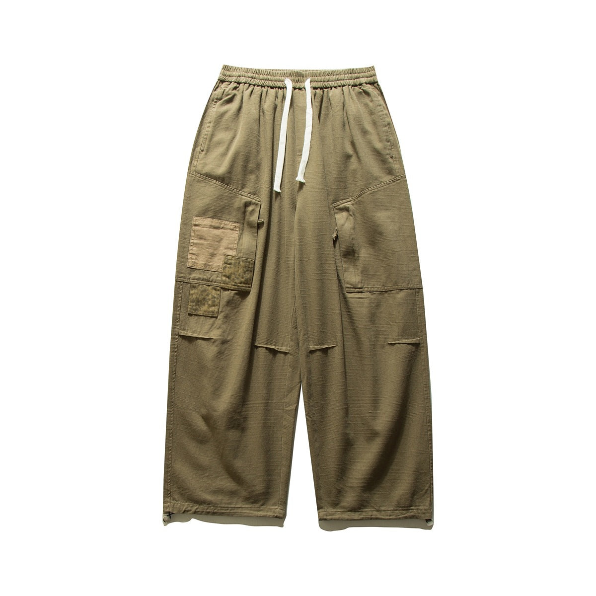 Khaki wide-leg cargo pants with white drawstring, patchwork leg pocket and elastic waistband, flat lay front view