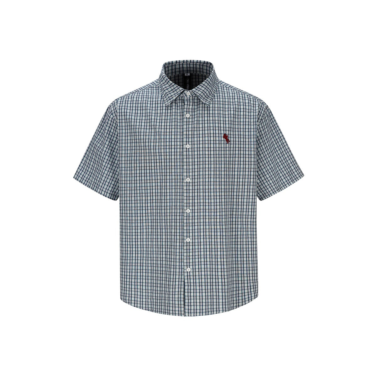 Blue and white check short-sleeve button-up shirt with small red embroidered logo, flat front view