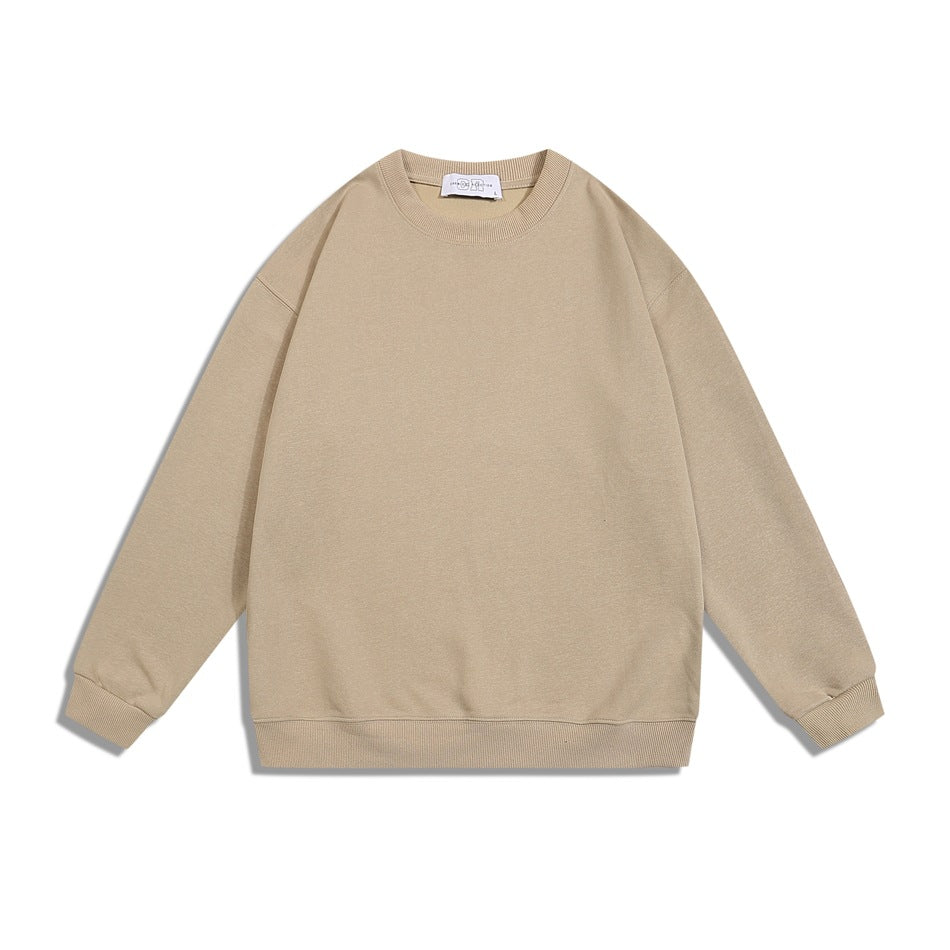 Khaki crew neck sweatshirt flat lay, front view, with ribbed collar, cuffs and hem