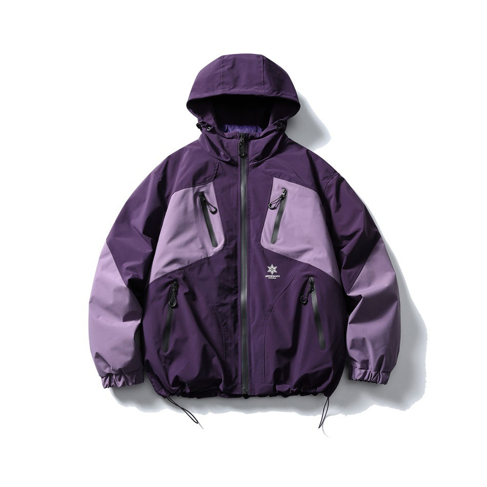 Purple color-block hooded jacket with four zippered pockets, elastic cuffs, and an adjustable hem.