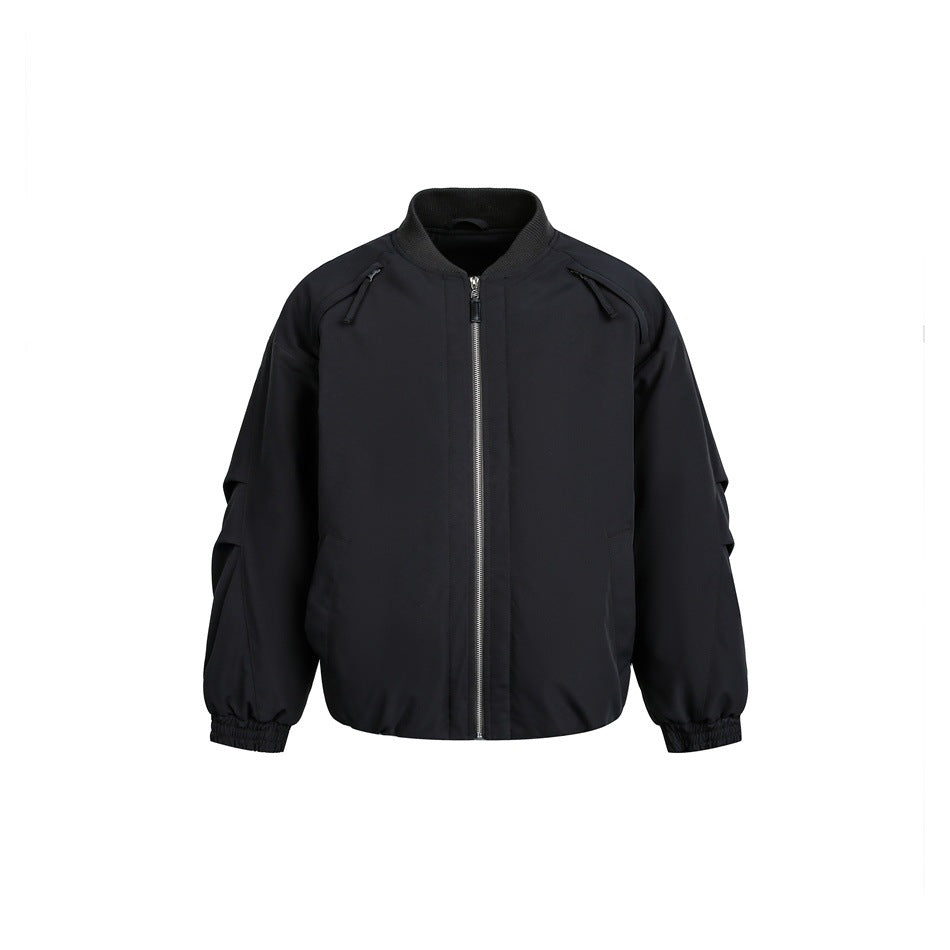 Black bomber-style zip jacket with ribbed stand collar, shoulder zippers, pleated sleeves and elastic cuffs, front view